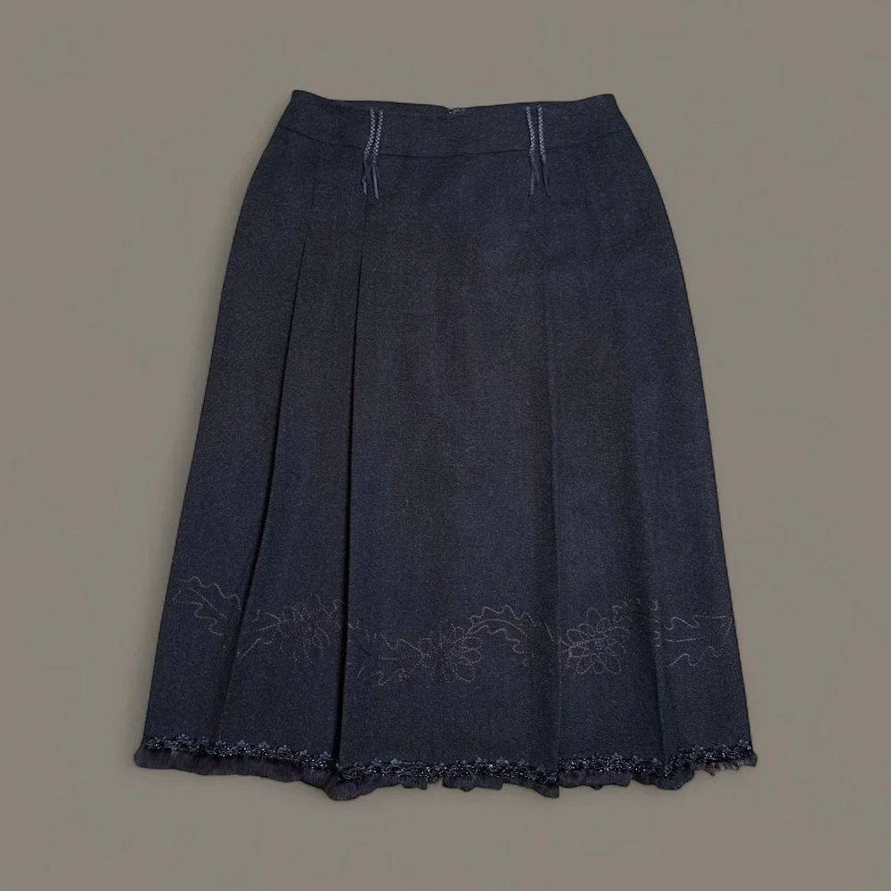 Forwear New York Midi Lined Pleated Skirt Sz 10 Beaded‎ Fur Trim A-Line Boho